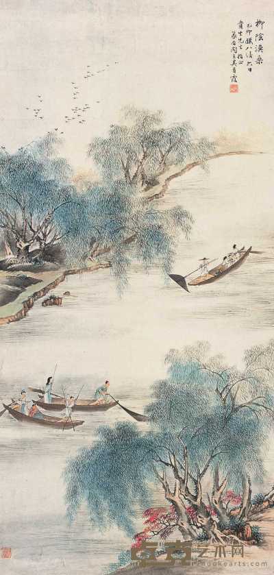 吴青霞 己卯腊八后（1940年）作 柳阴渔乐 立轴 98×47cm